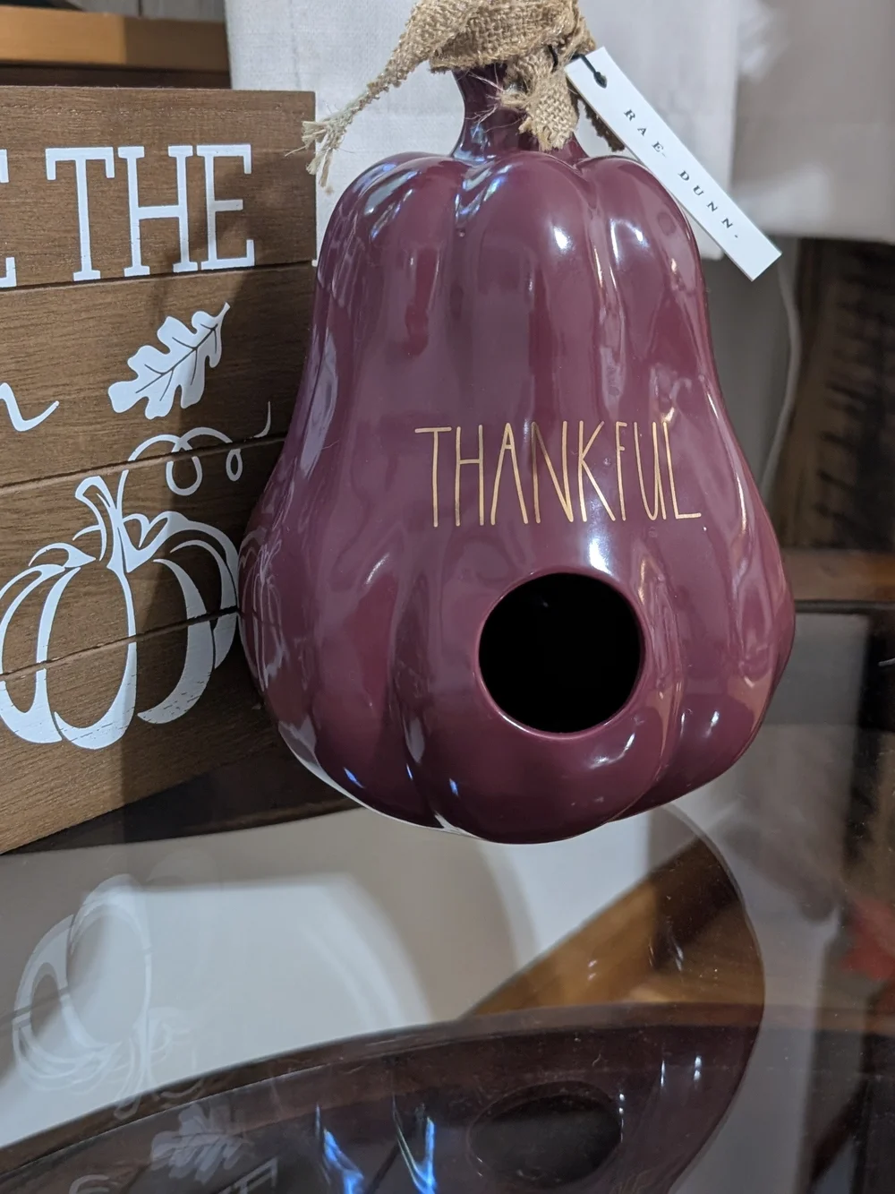 Rae Dunn Plum Ceramic Pumpkin with Burlap Accent